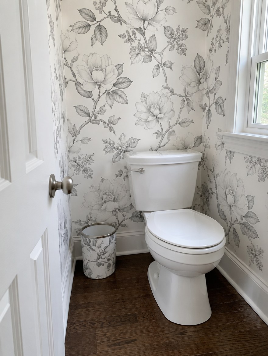 Grey botanical wallpaper and a matching Forever Can in a powder-room corner